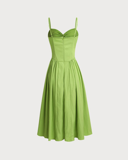 Yeşil Kalp Yaka Slip Midi Elbise