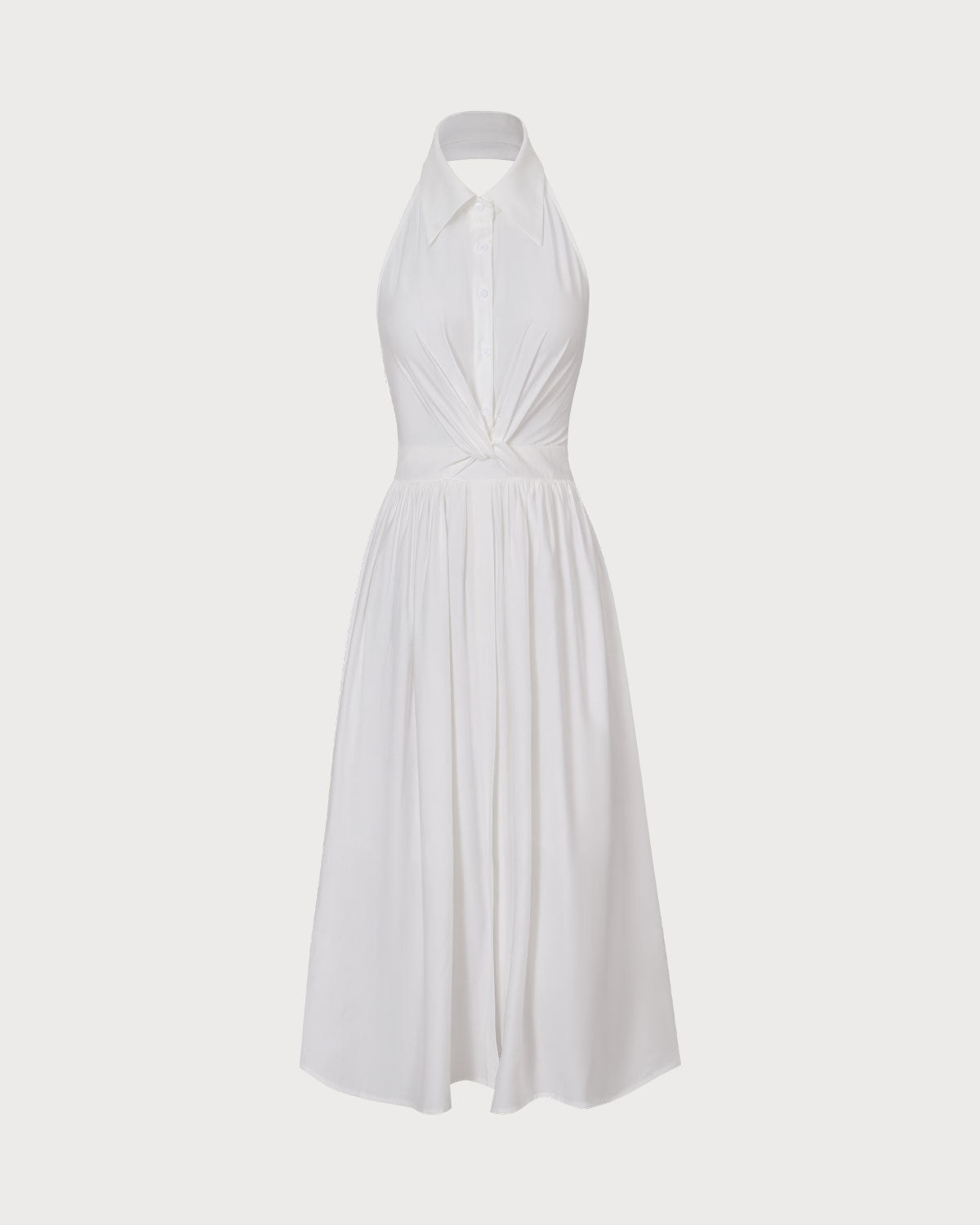 Beyaz Collared Burgulu Sırtı Açık Midi Elbise