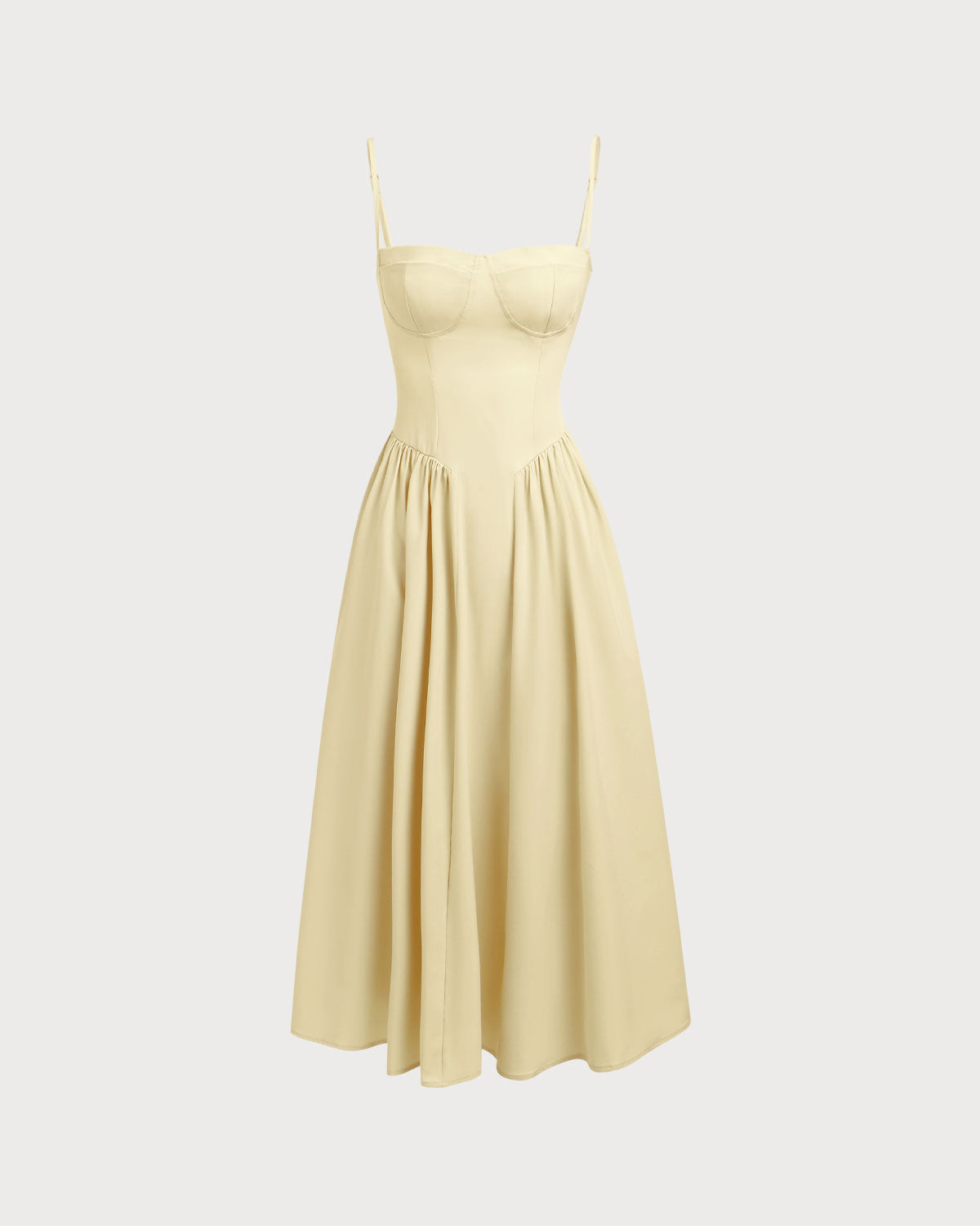 Sarı Kare Yaka Cep Detaylı Slip Midi Elbise