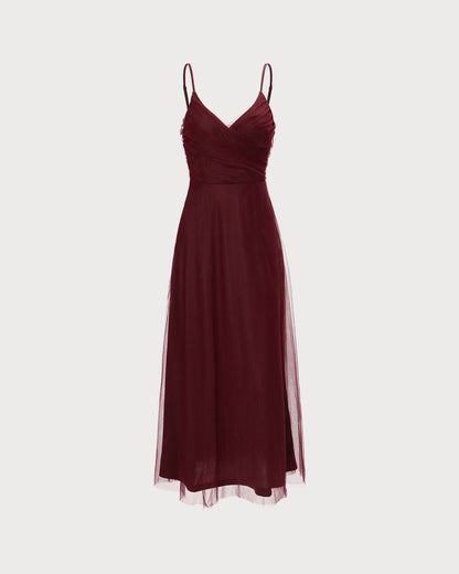 Bordo V Yaka File Kruvaze Maxi Elbise