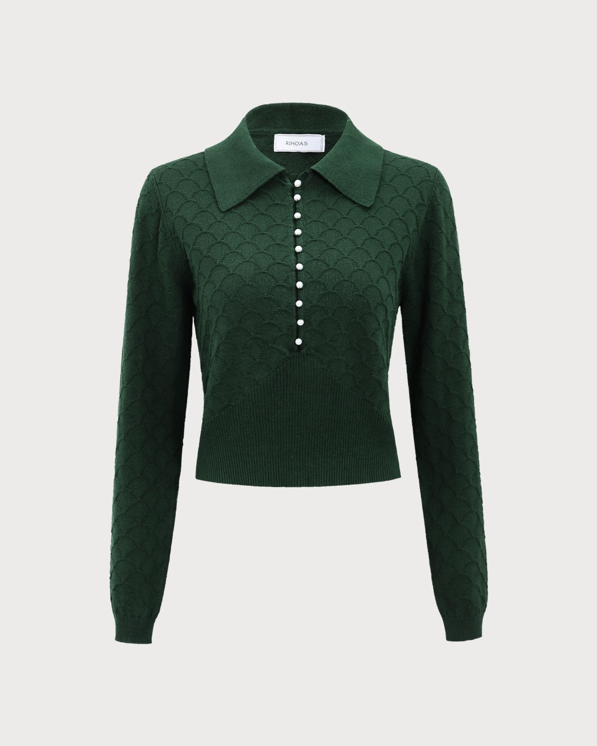 Koyu Yeşil Lapel Ribbed Dokulu Triko Üst