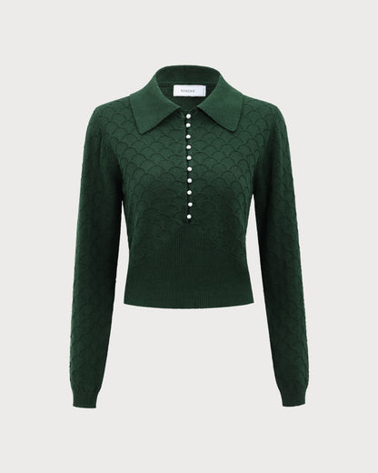Koyu Yeşil Lapel Ribbed Dokulu Triko Üst