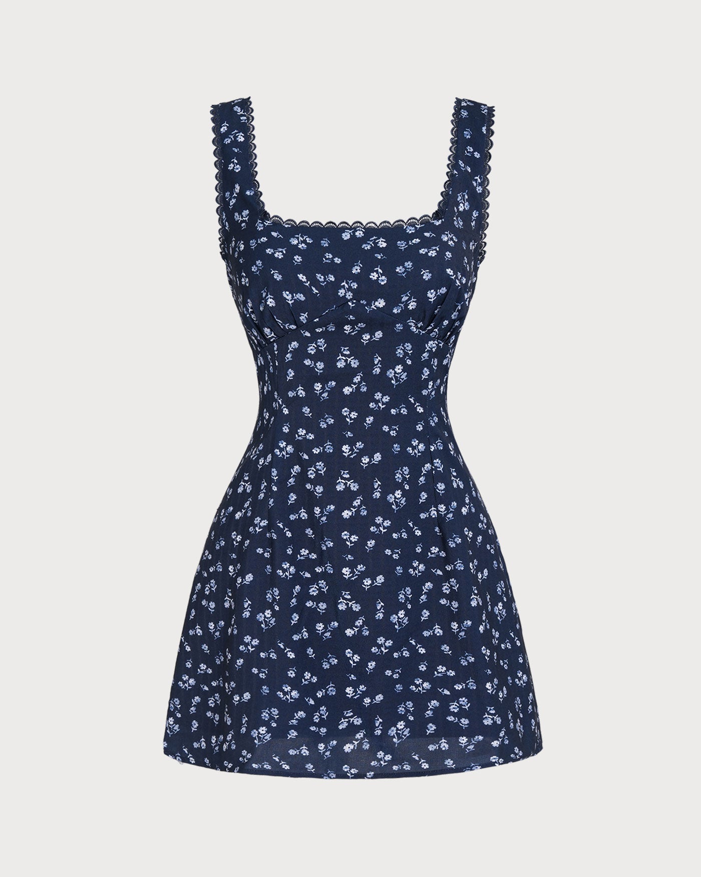 Lacivert Çiçek Desenli Kare Yaka Slip Mini Elbise