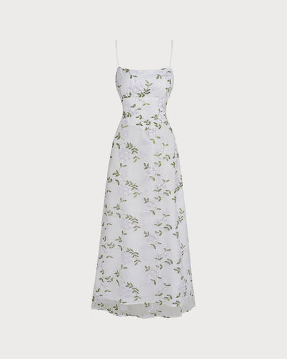 Beyaz Çiçek Desenli Slip Maxi Elbise