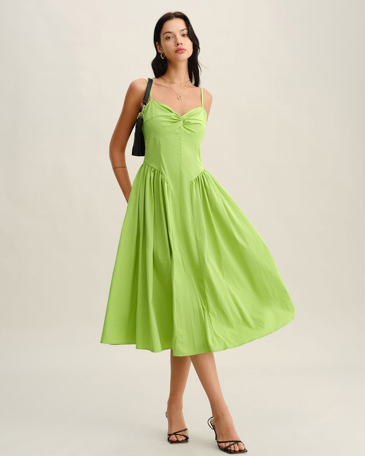Yeşil Kalp Yaka Slip Midi Elbise