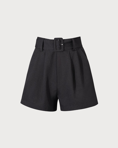Siyah High-waisted Pileli Belted Şort
