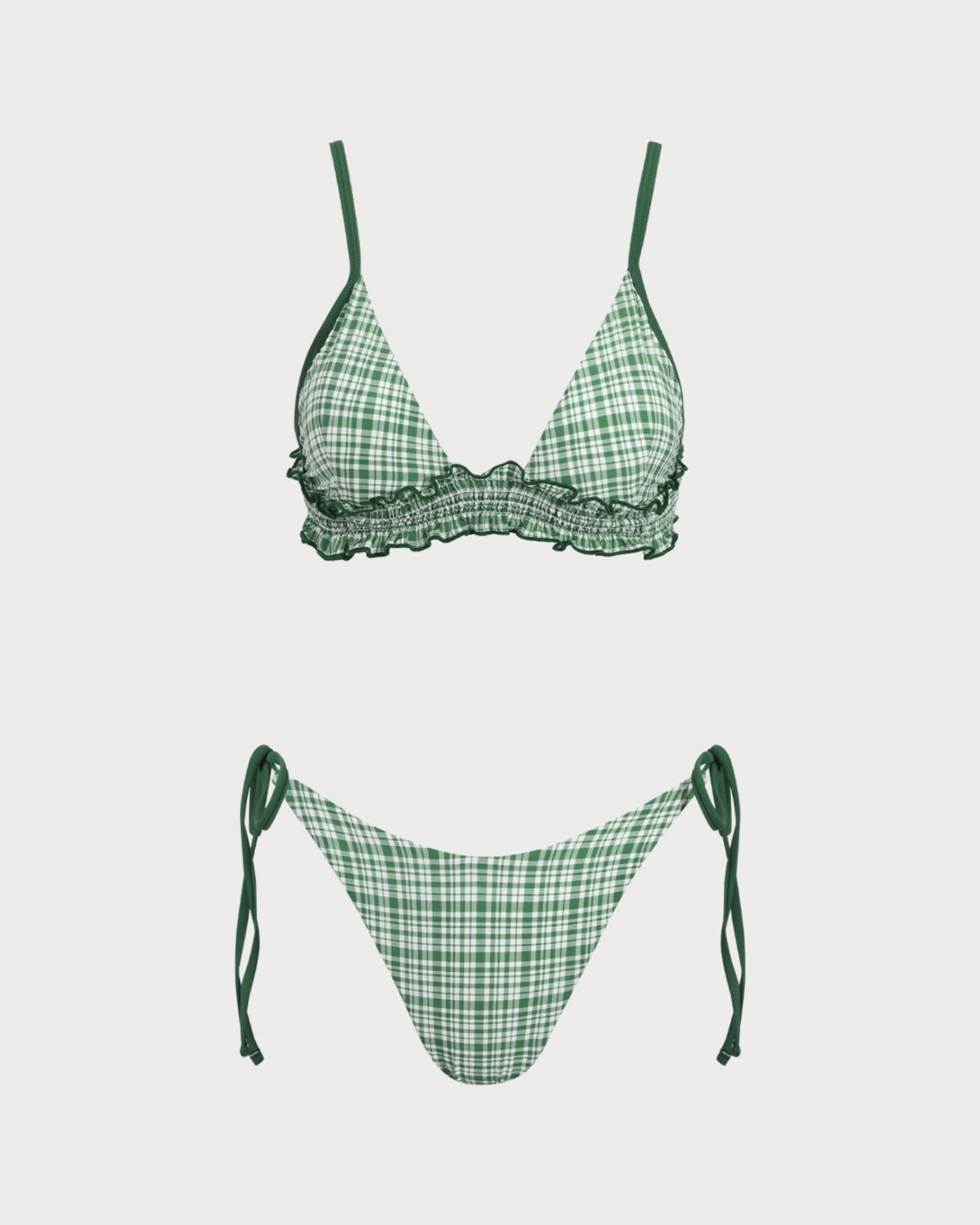 Yeşil Ekoseli Büzgü Bağlamalı Bikini Takımı