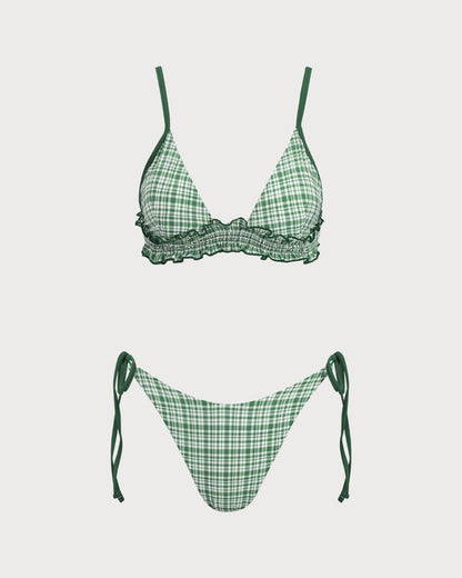 Yeşil Ekoseli Büzgü Bağlamalı Bikini Takımı