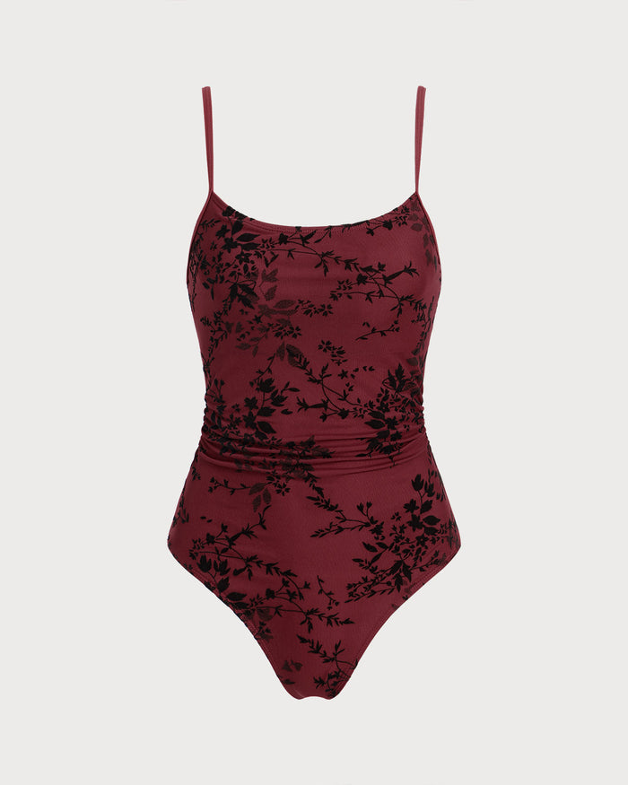 Kırmızı Çiçek Desenli Tek Parça Mayo Swimwear