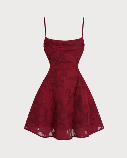 Bordo Çiçek Desenli Sırtı Açık Slip Mini Elbise