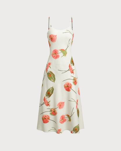 Beyaz Çiçek Desenli Slip Midi Elbise