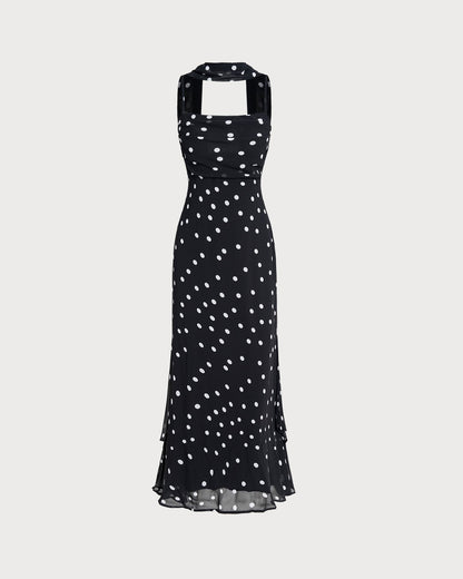 Siyah Puantiyeli Slip Maxi Elbise