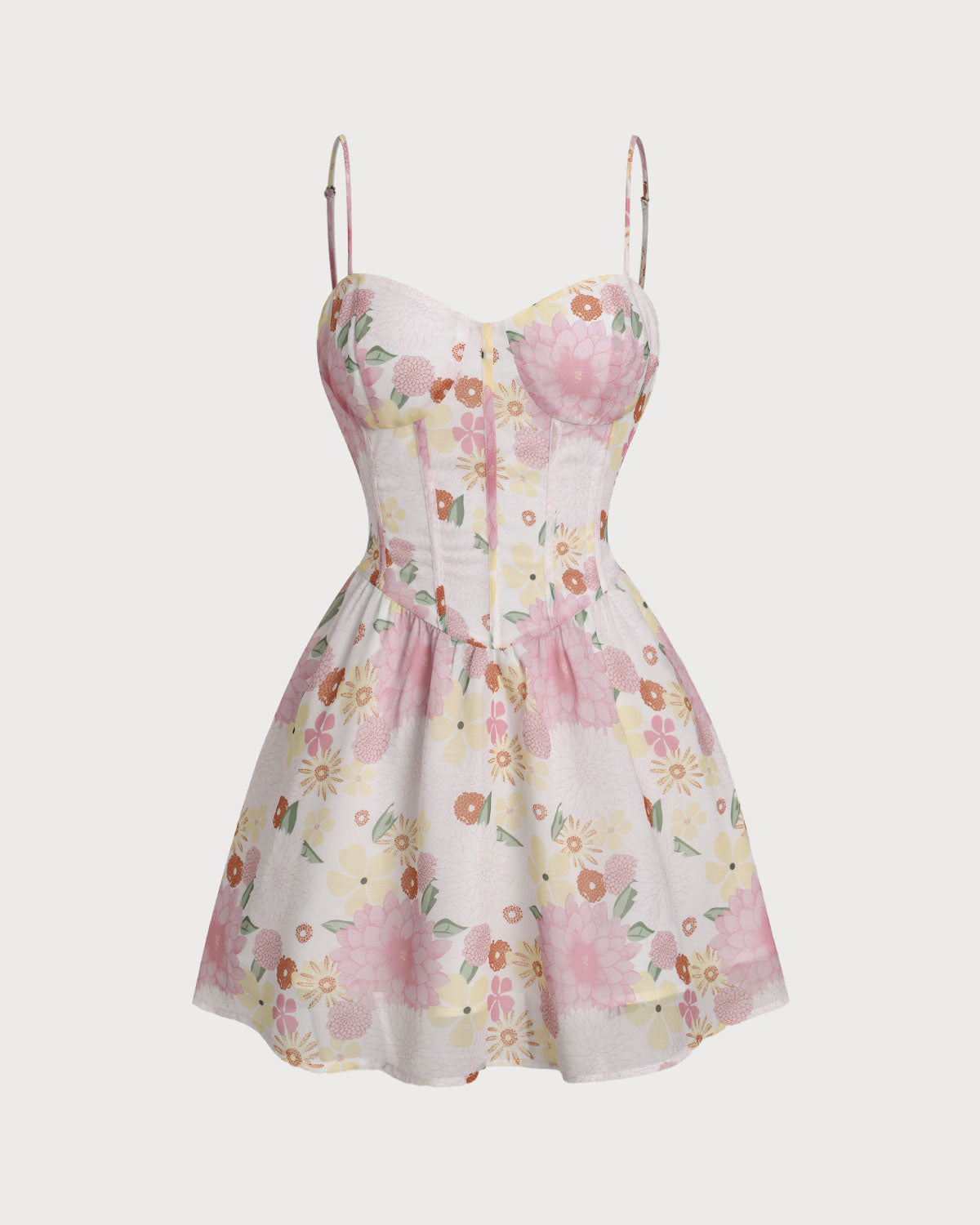 Pembe Çiçek Desenli Kalp Yaka Slip Mini Elbise