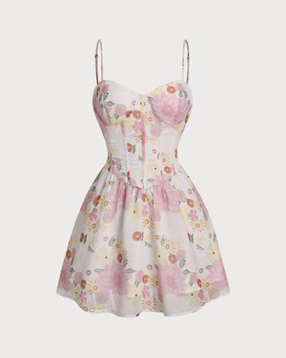 Pembe Çiçek Desenli Kalp Yaka Slip Mini Elbise
