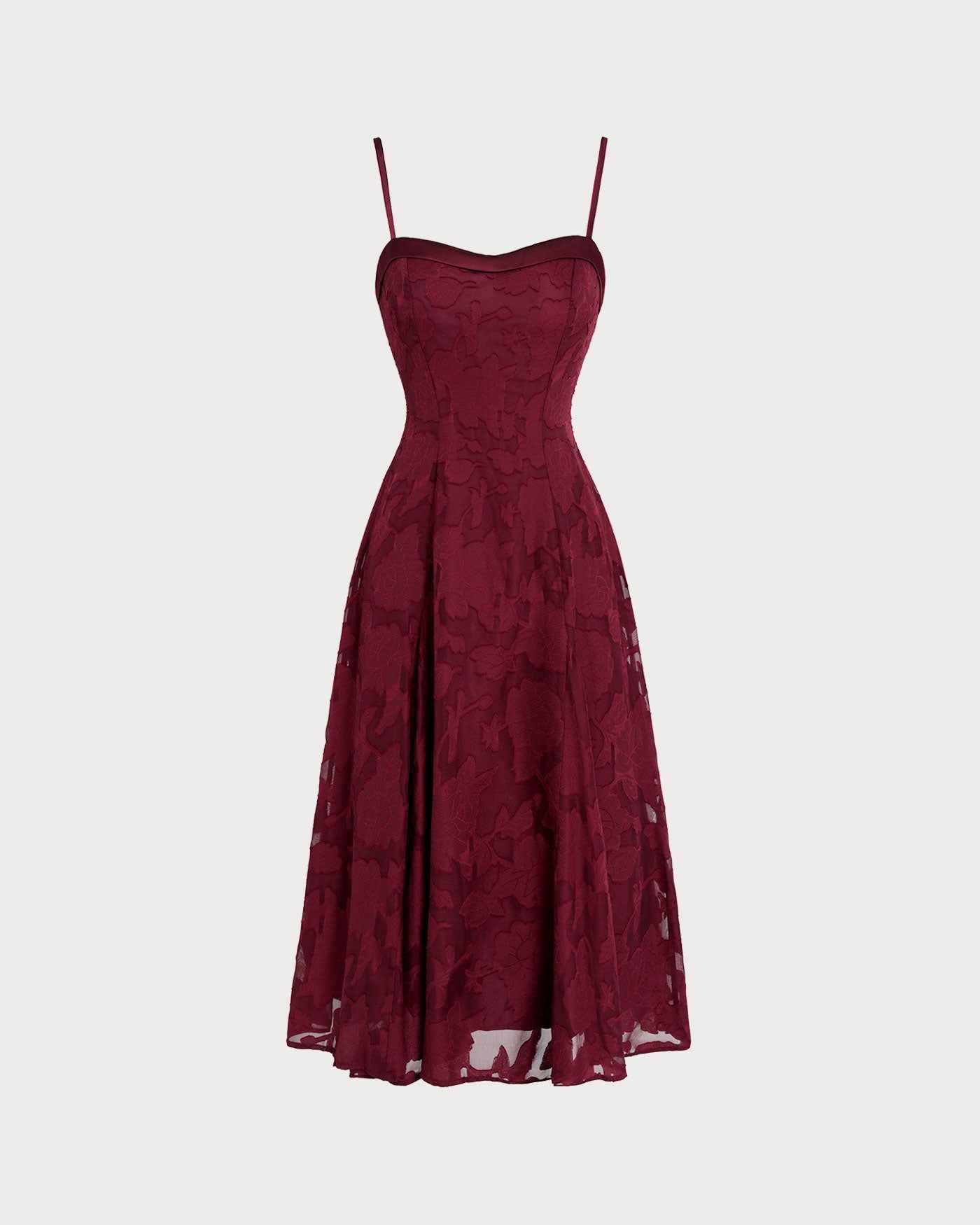 Bordo Kalp Yaka Jakarlı Slip Midi Elbise