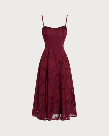 Bordo Kalp Yaka Jakarlı Slip Midi Elbise