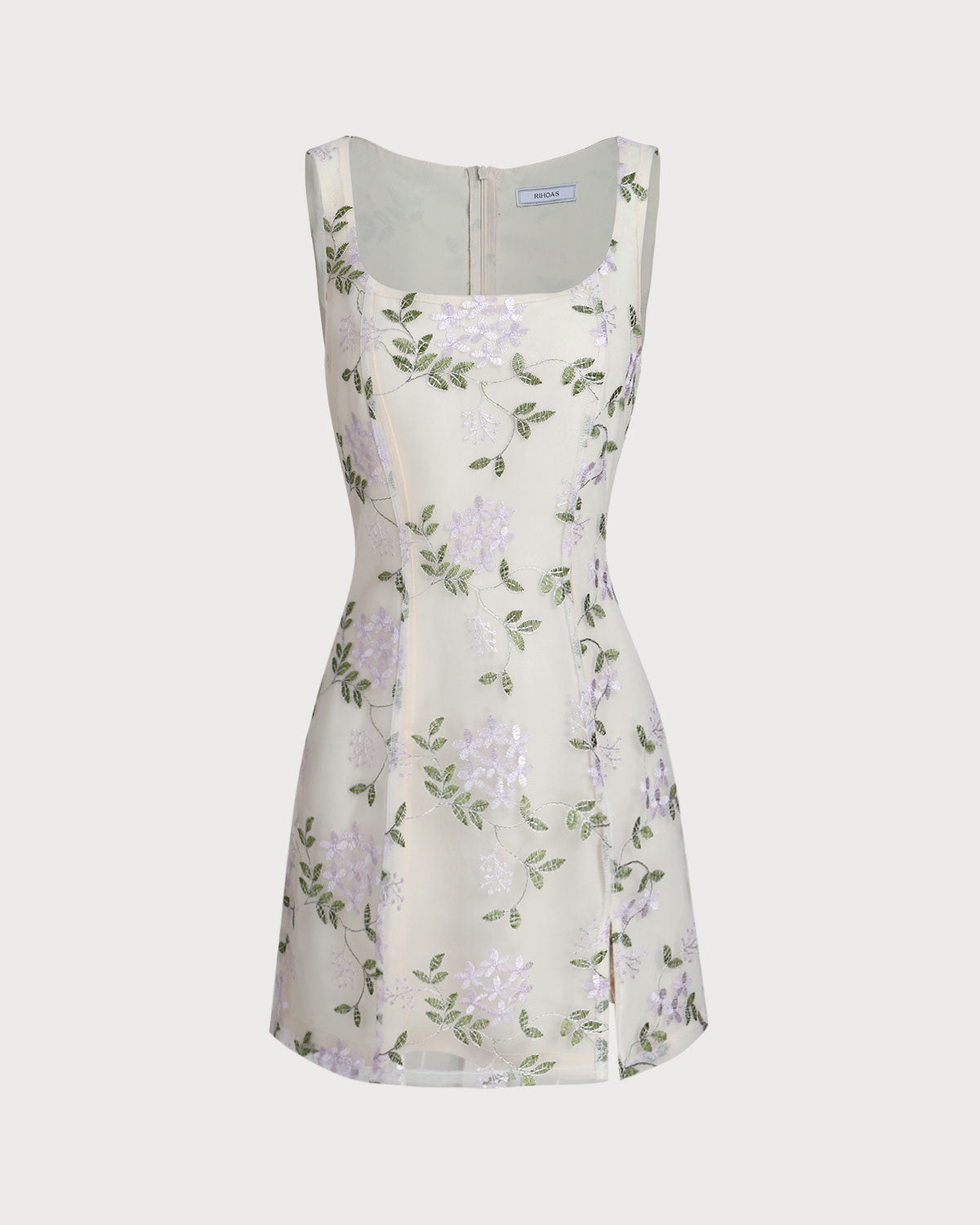 Bej Kare Yaka Nakışlı Yırtmaçlı Slip Mini Elbise