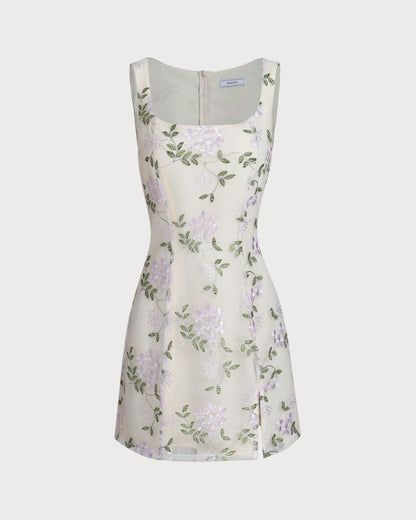 Bej Kare Yaka Nakışlı Yırtmaçlı Slip Mini Elbise
