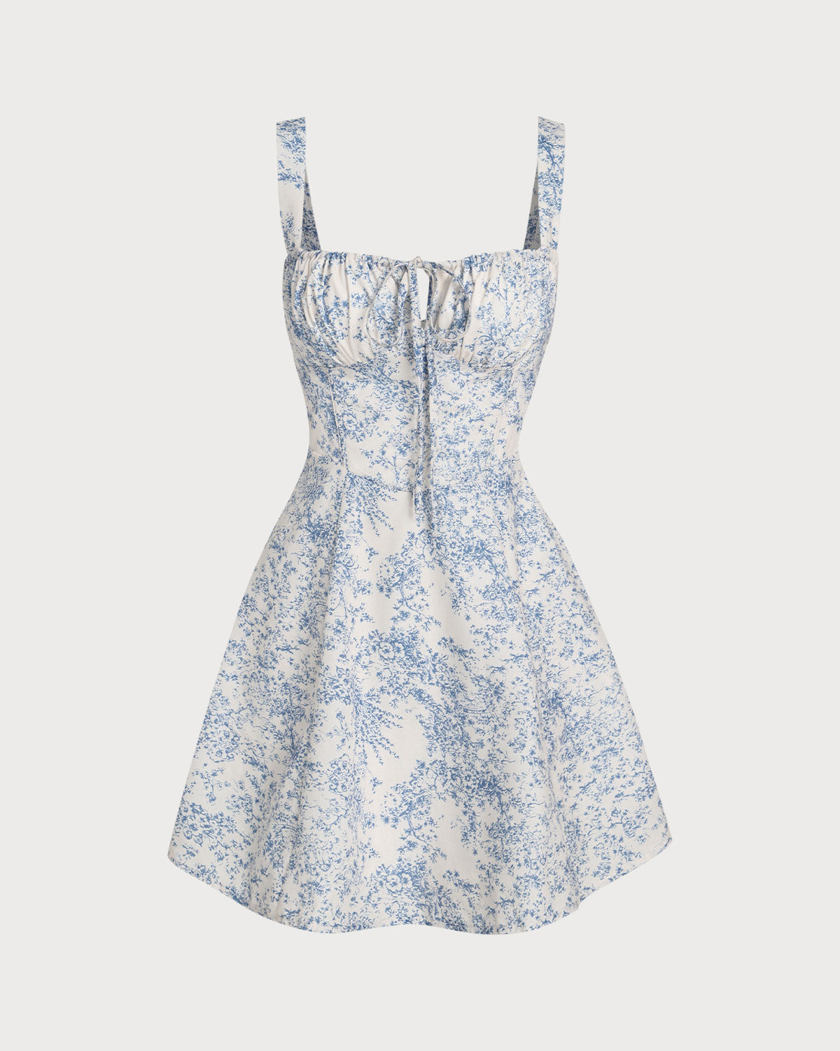 Mavi Çiçek Desenli Büzgülü Slip Corset Mini Elbise