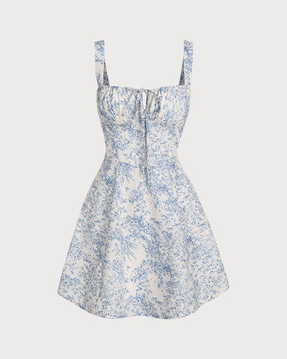 Mavi Çiçek Desenli Büzgülü Slip Corset Mini Elbise