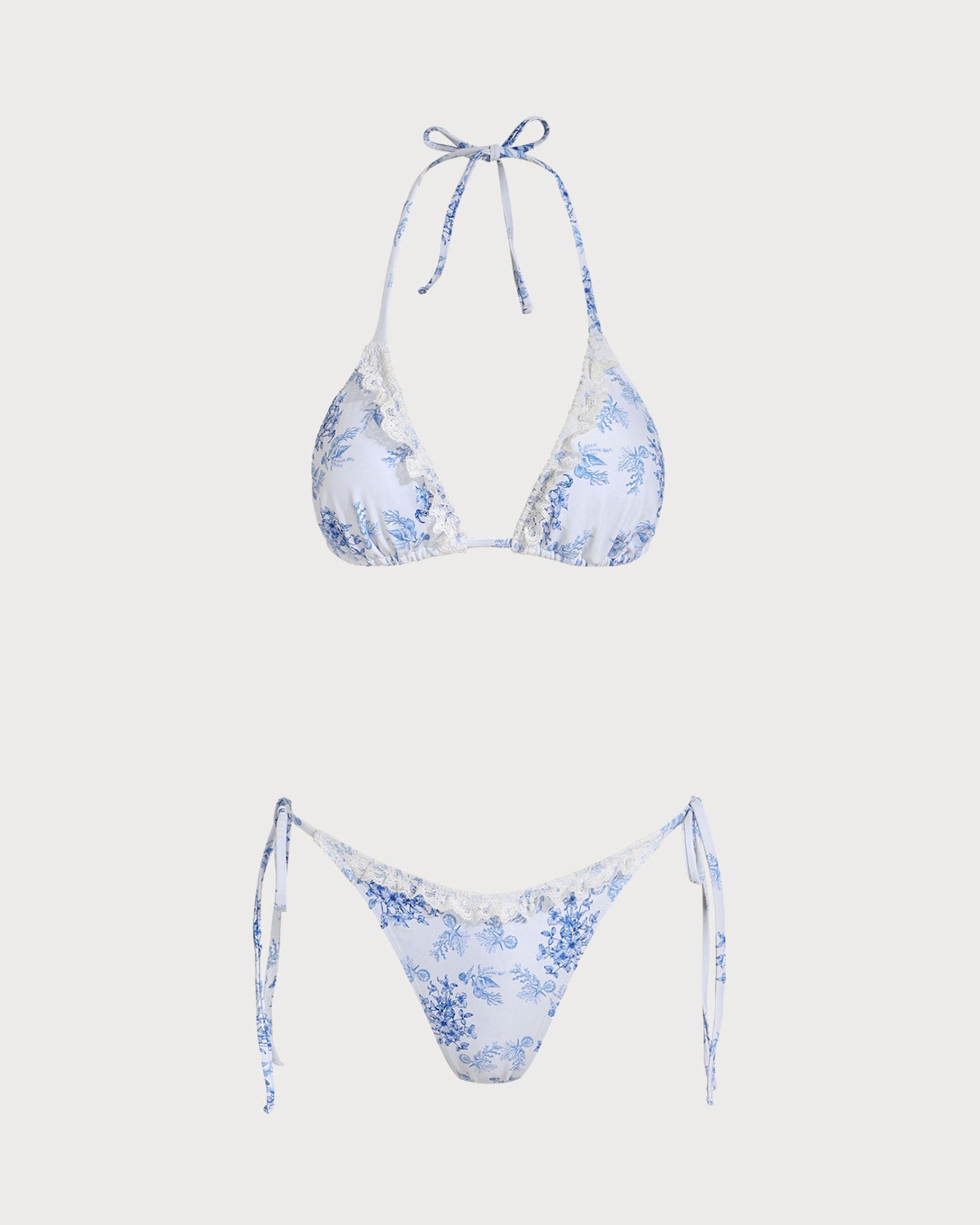 Mavi Çiçek Desenli Büzgü Bağlamalı Bikini Takımı
