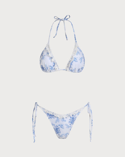 Mavi Çiçek Desenli Büzgü Bağlamalı Bikini Takımı