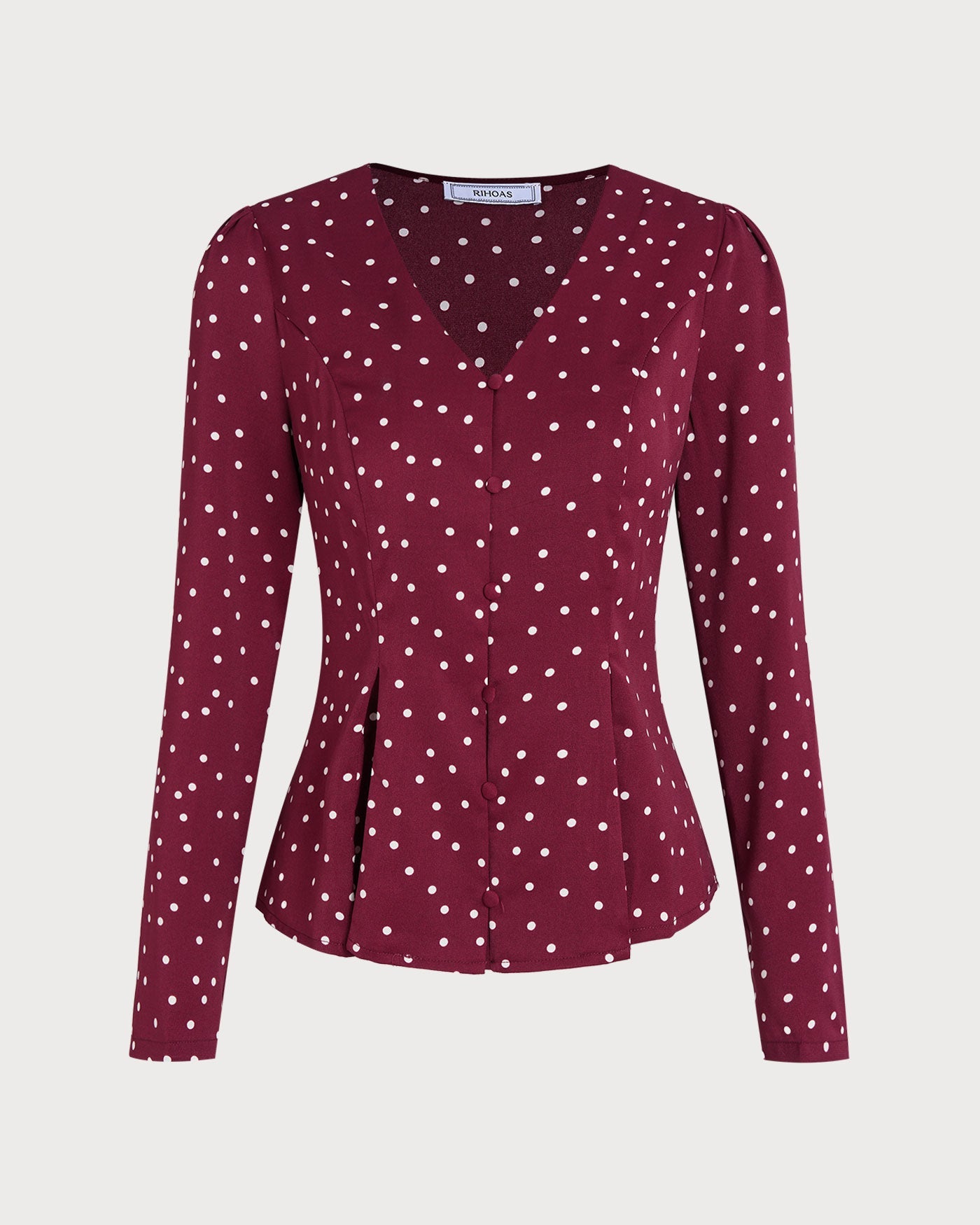 Bordo Puantiyeli V Yaka Bluz