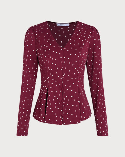 Bordo Puantiyeli V Yaka Bluz