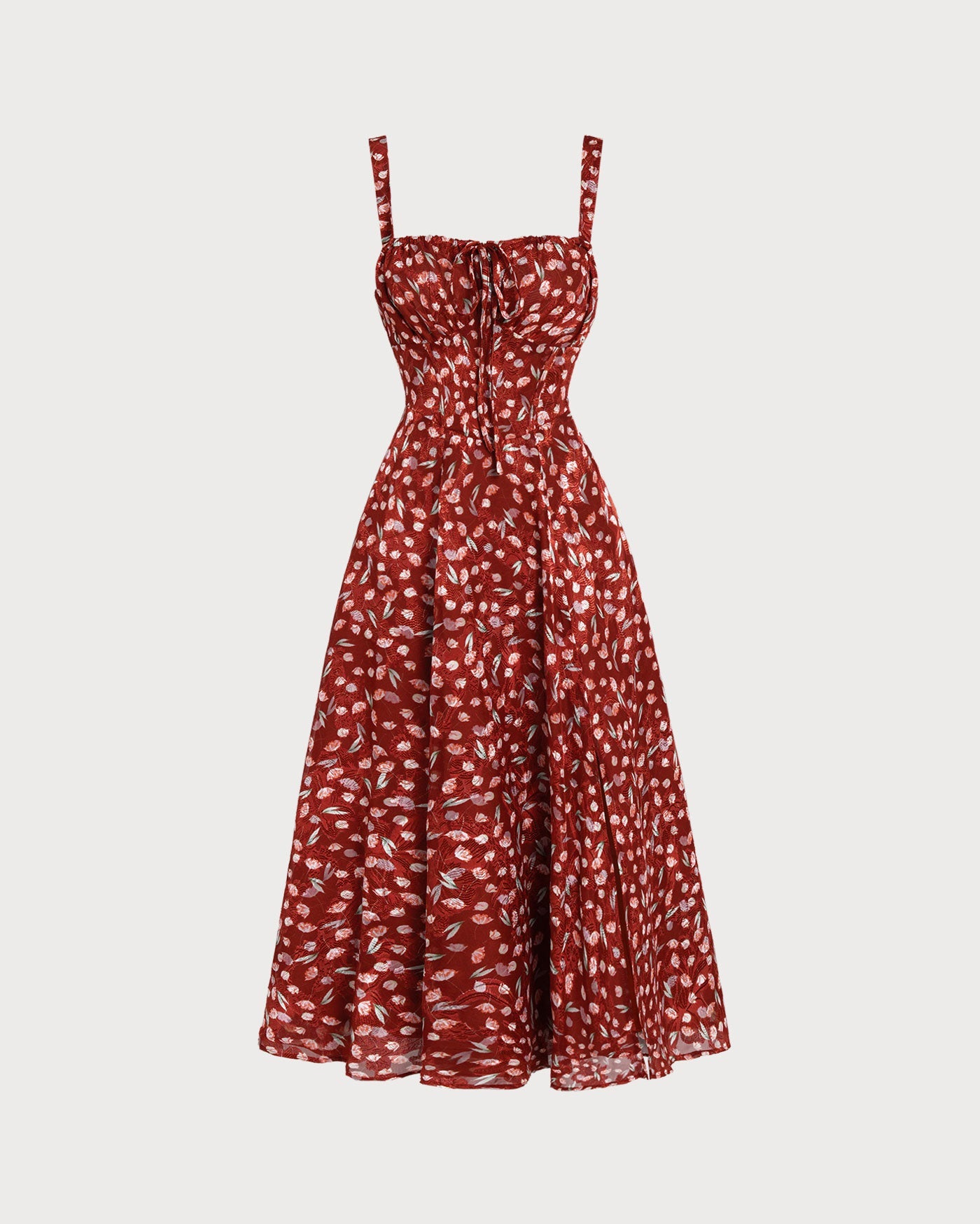 Bordo Çiçek Desenli Slip Midi Elbise