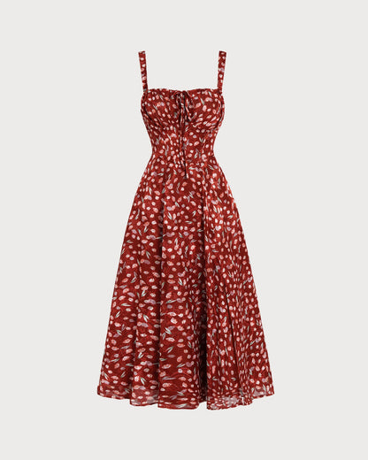 Bordo Çiçek Desenli Slip Midi Elbise