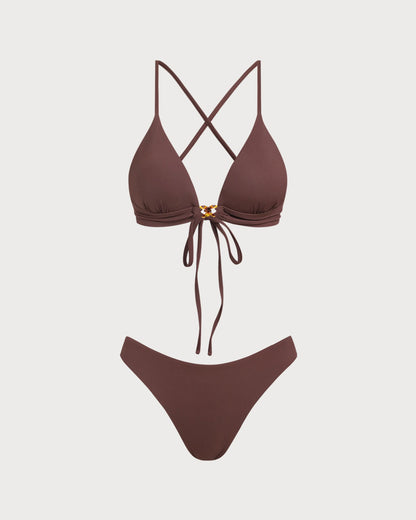 Kahverengi Ribbed Knot Bikini Takımı