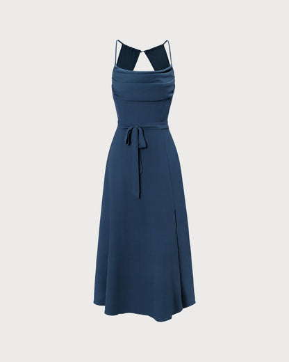 Lacivert Degaje Yaka Cutout Back Maxi Elbise