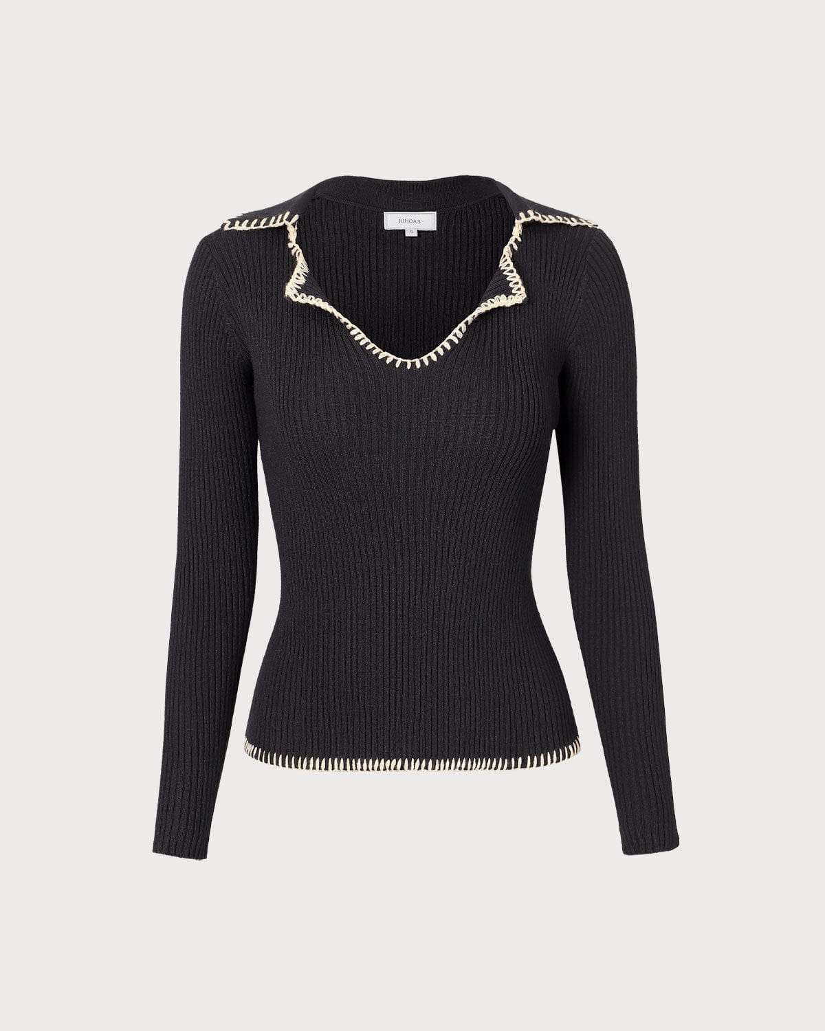 Siyah Lapel Seam Renk Bloklu Triko Üst