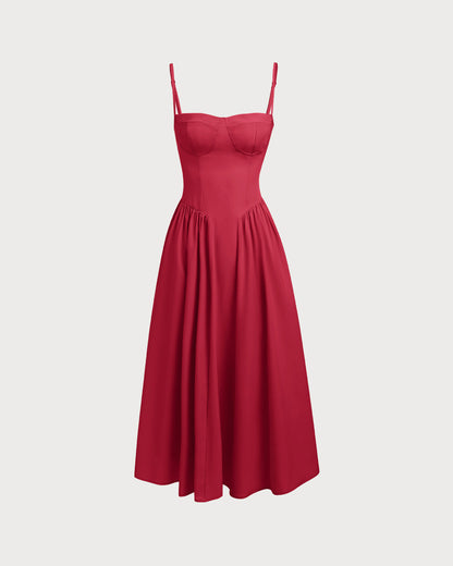 Kırmızı Kare Yaka Cep Detaylı Slip Midi Elbise