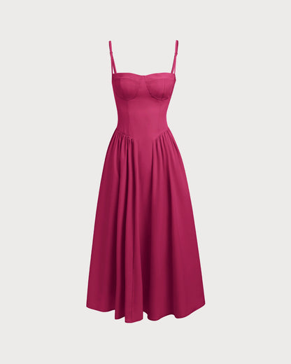 Bordo Kare Yaka Cep Detaylı Slip Midi Elbise