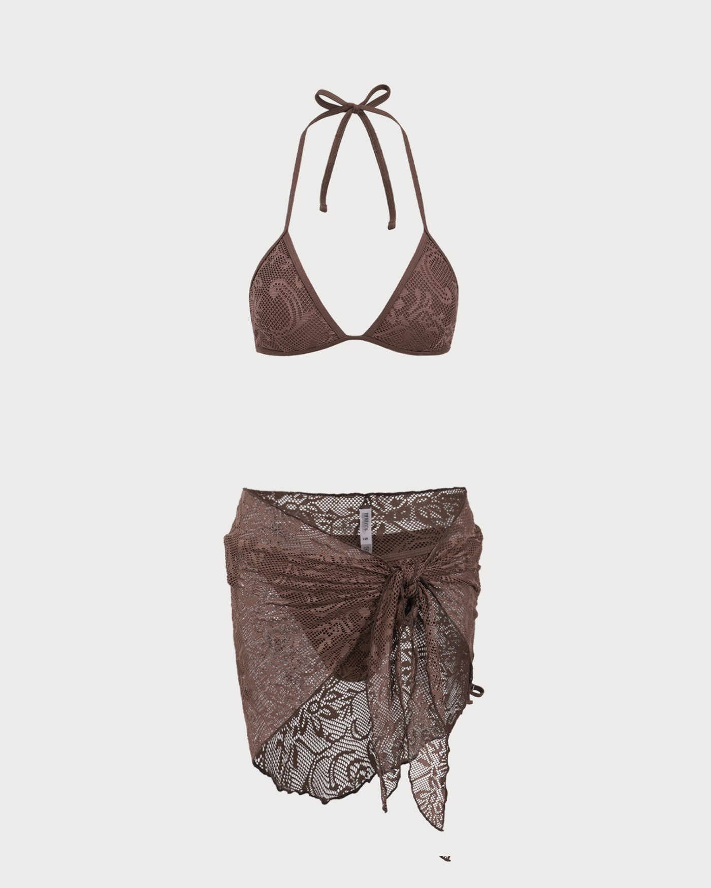 Kahverengi Dokulu Boyundan Bağlamalı Bikini Suit