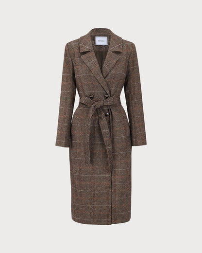 Kahve Lapel Belted Kruvaze Kaban