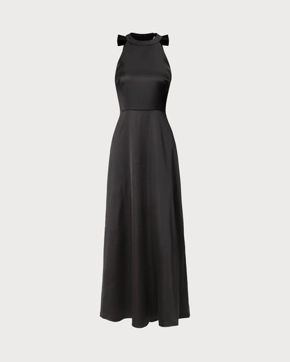 Siyah Boyundan Bağlamalı Bowknot Cutout Maxi Elbise