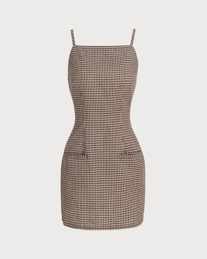 Kahverengi Gingham Slip Mini Elbise