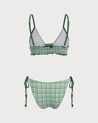 Yeşil Ekoseli Büzgü Bağlamalı Bikini Takımı