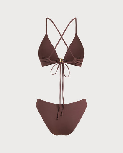 Kahverengi Ribbed Knot Bikini Takımı