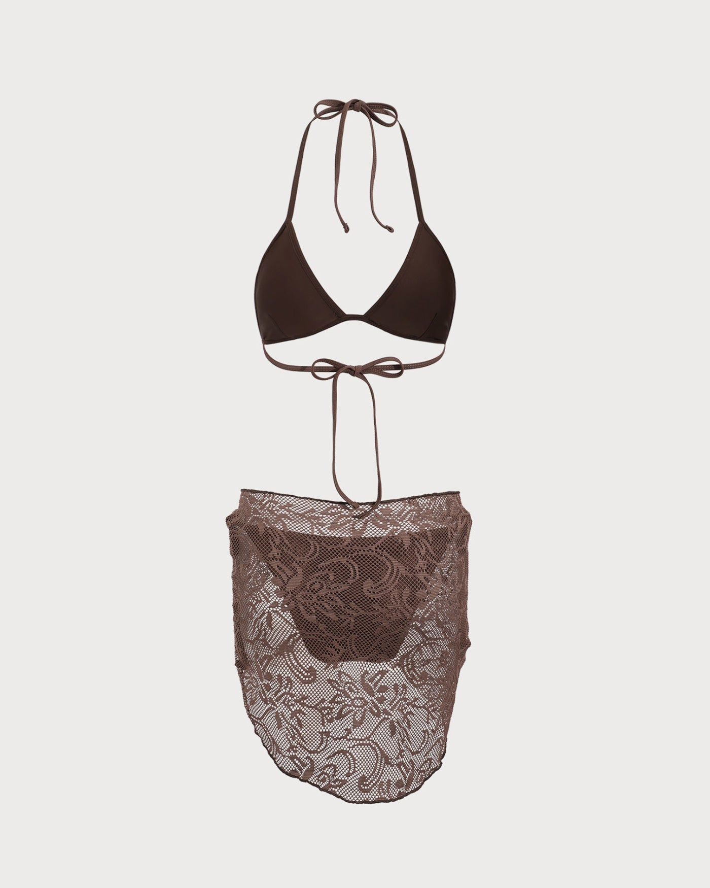 Kahverengi Dokulu Boyundan Bağlamalı Bikini Suit