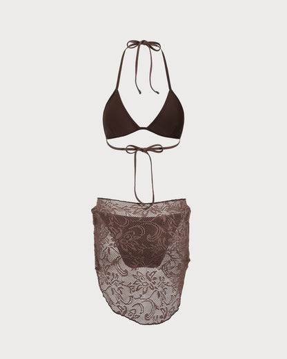 Kahverengi Dokulu Boyundan Bağlamalı Bikini Suit