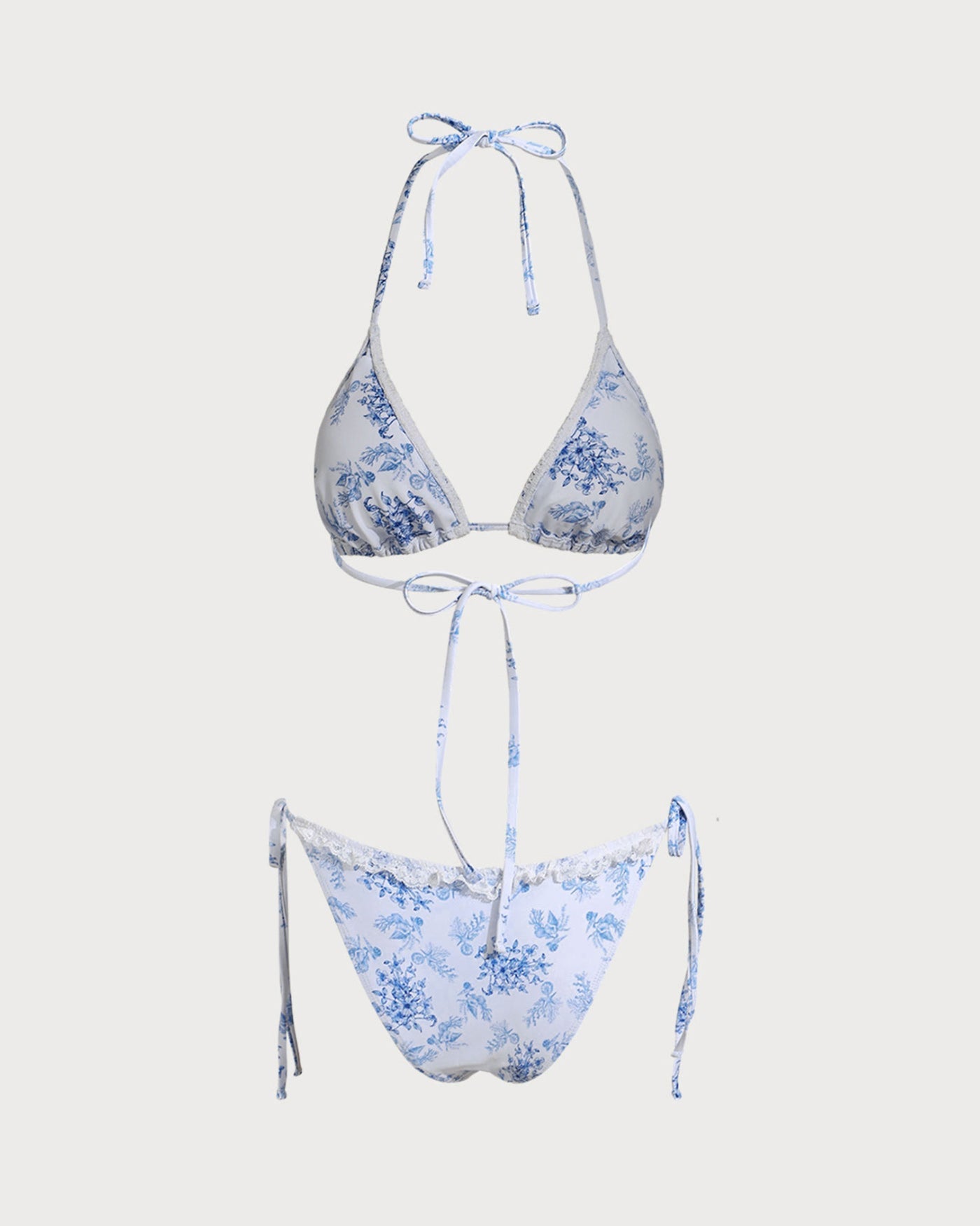 Mavi Çiçek Desenli Büzgü Bağlamalı Bikini Takımı