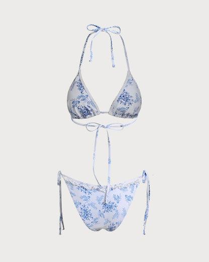 Mavi Çiçek Desenli Büzgü Bağlamalı Bikini Takımı