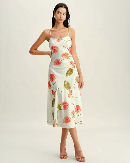Beyaz Çiçek Desenli Slip Midi Elbise