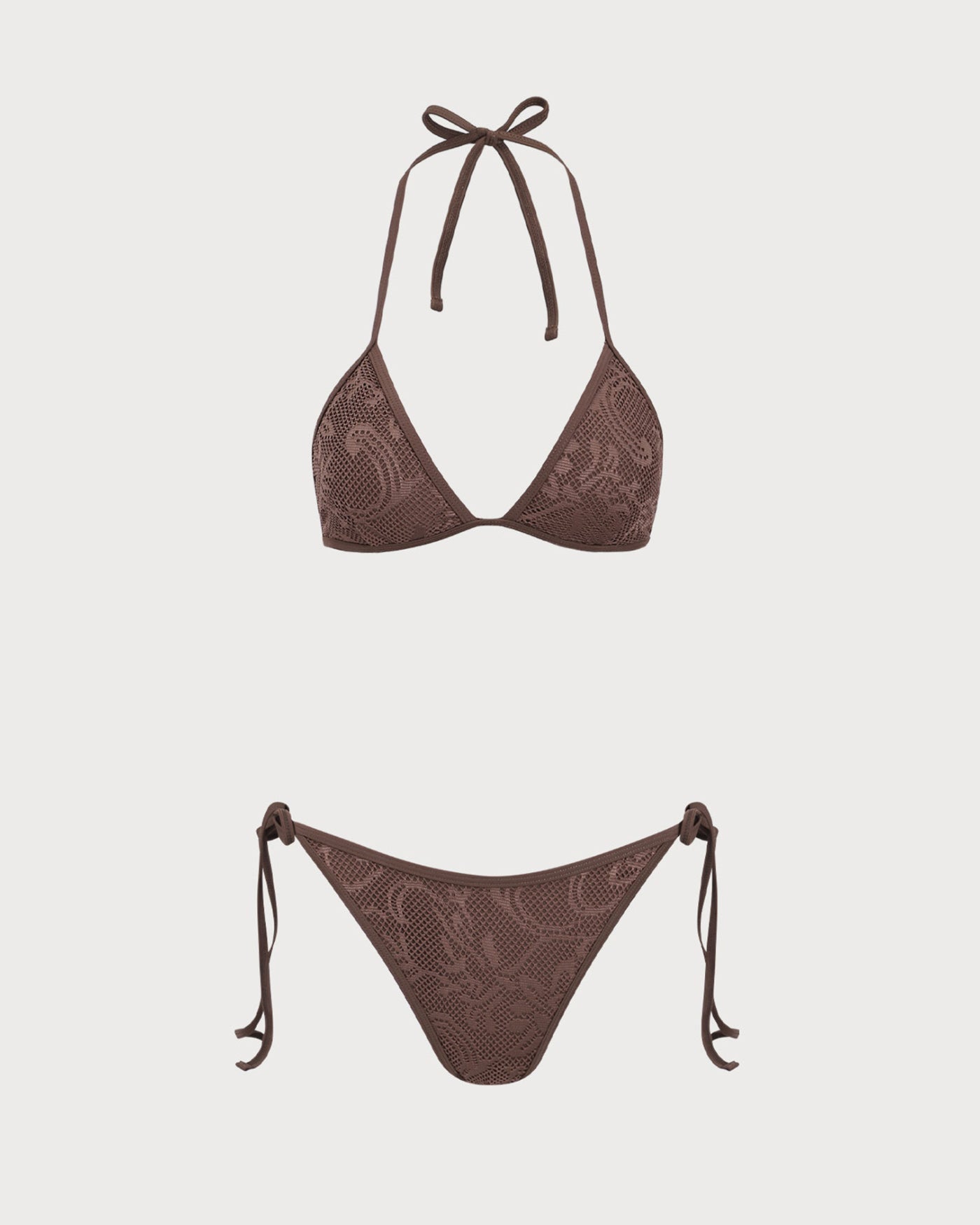 Kahverengi Dokulu Boyundan Bağlamalı Bikini Suit