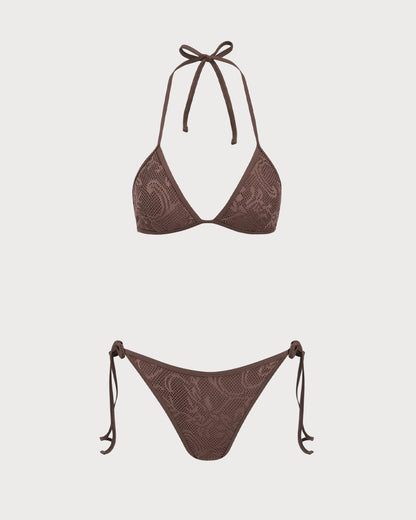 Kahverengi Dokulu Boyundan Bağlamalı Bikini Suit