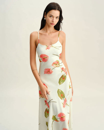 Beyaz Çiçek Desenli Slip Midi Elbise