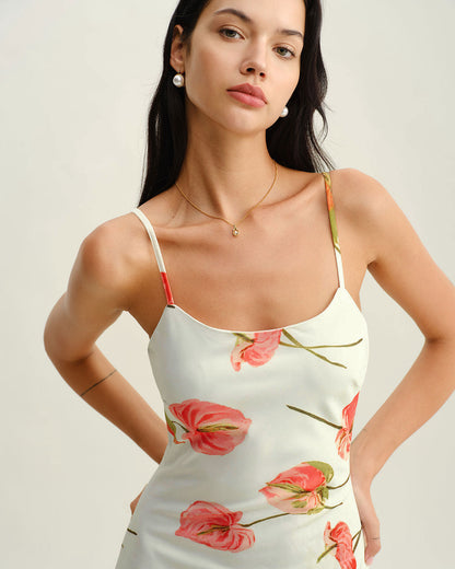 Beyaz Çiçek Desenli Slip Midi Elbise